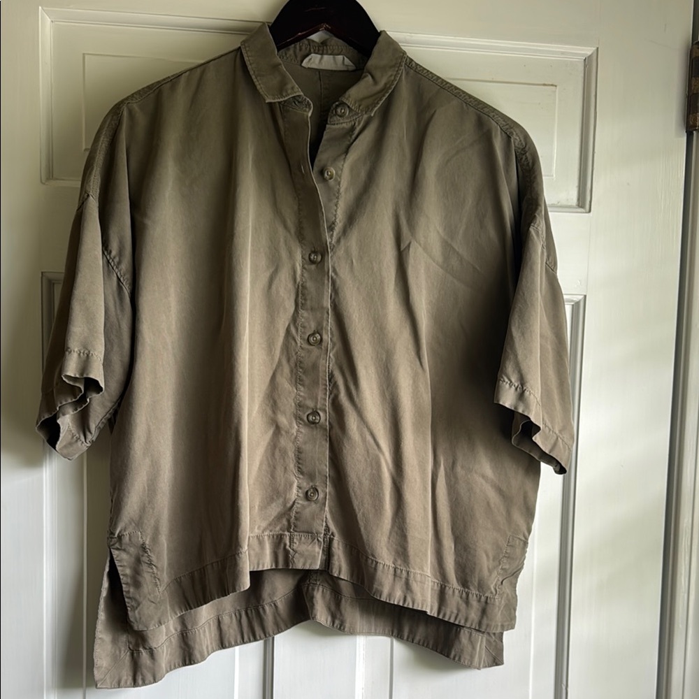 Everlane olive boxy button up.
